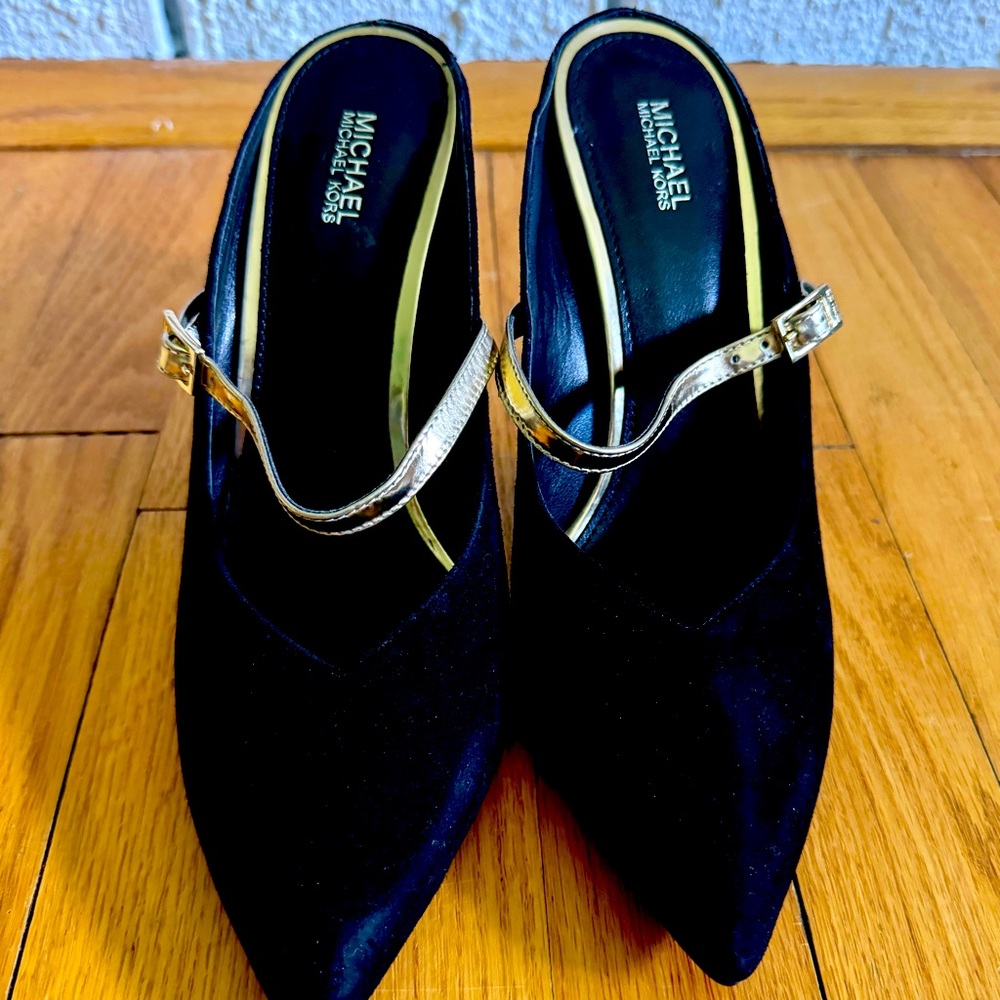 Michael Kors black suede heels with gold strap size 9